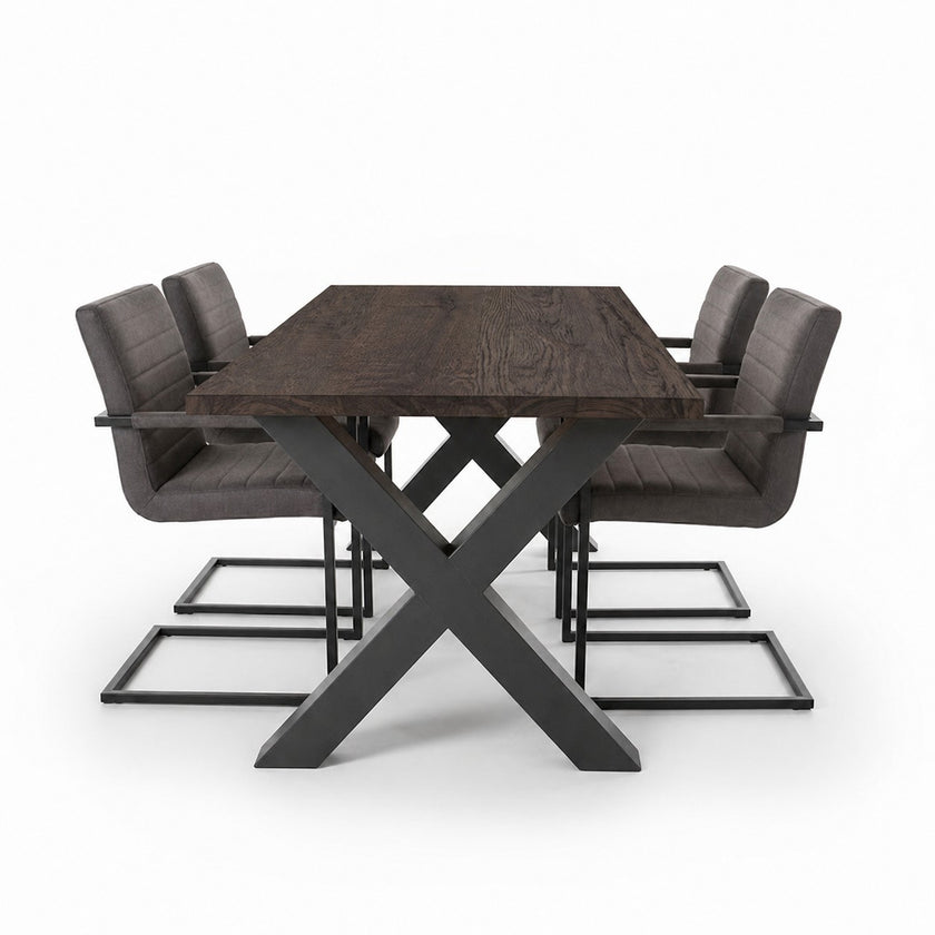 Industriële eiken eettafel Storm met zwart (black) tafelblad en stalen X-poot