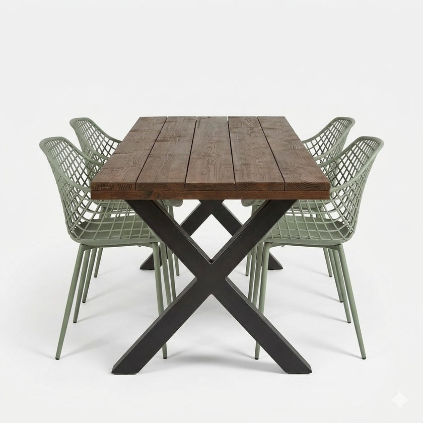 Industriële tuintafel X poot met douglas houten blad voor buiten – Design85