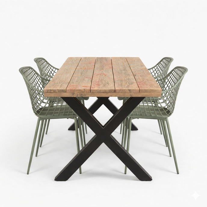 Design85 industriële tuintafel X poot met massief douglas blad voor buiten