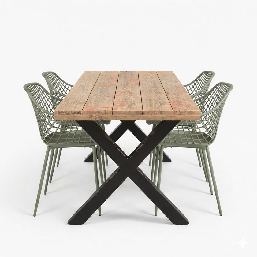 Design85 industriële tuintafel X poot met massief douglas blad voor buiten