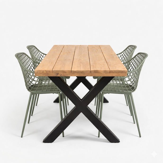 Buiten tuintafel industrieel met zwart stalen X poot en douglas hout blad