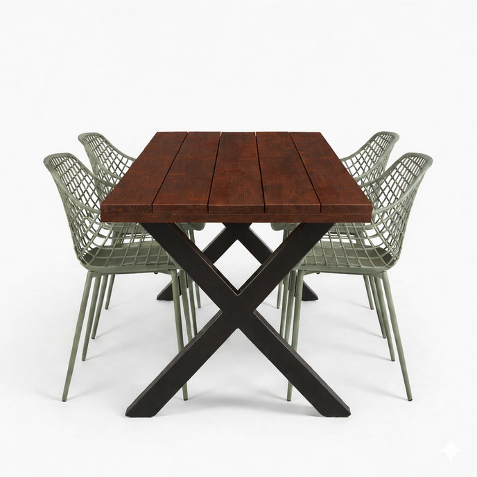 Industriële tuintafel X poot met douglas houten blad met de kleur warm brown voor buiten – Design85