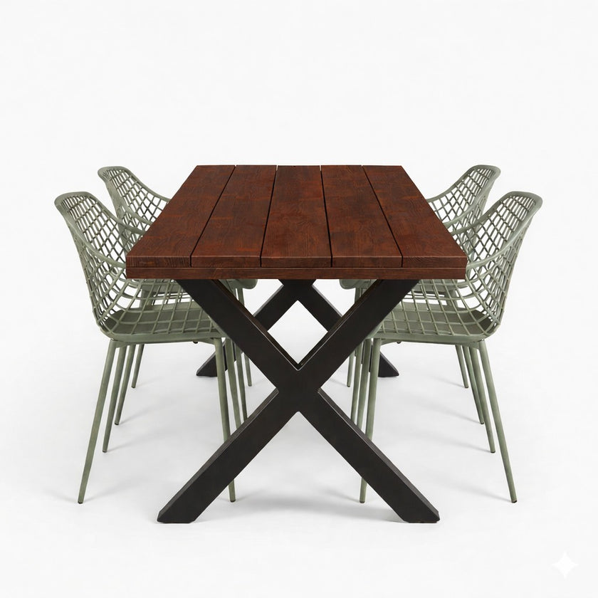 Industriële tuintafel X poot met douglas houten blad met de kleur warm brown voor buiten – Design85