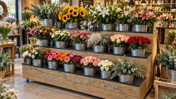 Presentatie meubel voor bloemisten waar in verschillende hoogtes bloemen kunnen worden gepresenteerd.