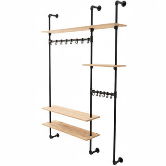 Zwarte industriële wandkapstok met meerdere eiken planken en dubbele rij haken