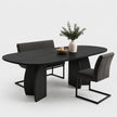 Deens ovale eettafel met dubbele designpoot in zwarte eikenhoutkleur, moderne houten eettafel met sculpturale V-poten