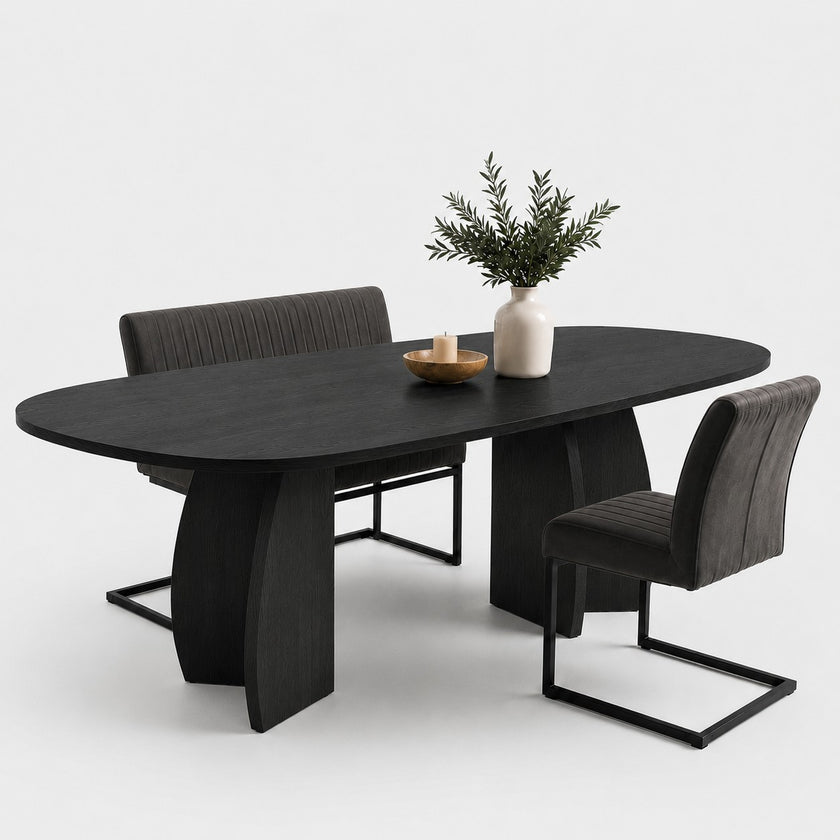 Deens ovale eettafel met dubbele designpoot in zwarte eikenhoutkleur, moderne houten eettafel met sculpturale V-poten