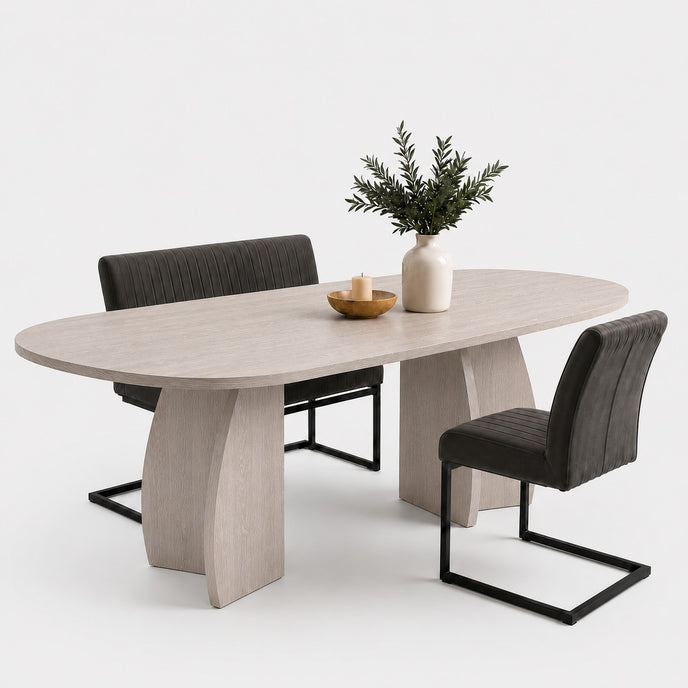 Deens ovale eettafel met dubbele designpoot in white wash eiken kleur, lichte houten eettafel met unieke designpoten