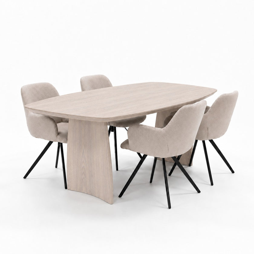 Deens ovale eiken eettafel met houten designpoten, facetrand en afwerking White