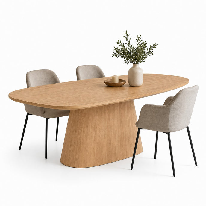 eettafel deens ovaal pivot op een witte achtergrond met een plant op de tafel in de kleur naturel