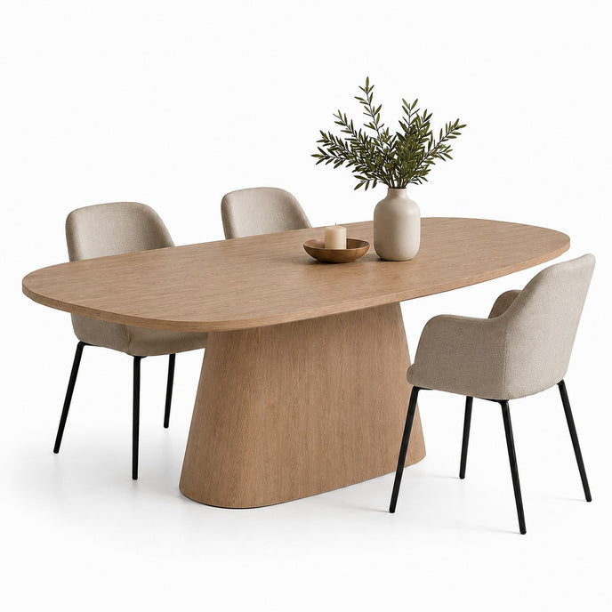 eettafel deens ovaal pivot in de kleur sand met drie stoelen. 