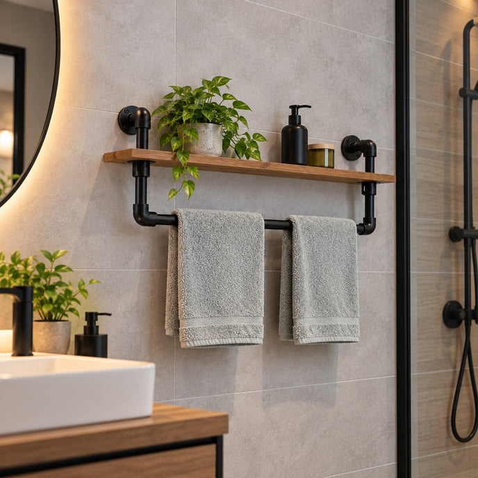 handdoekrek industrieel staal die in een moderne badkamer hangt met 2 handdoeken.