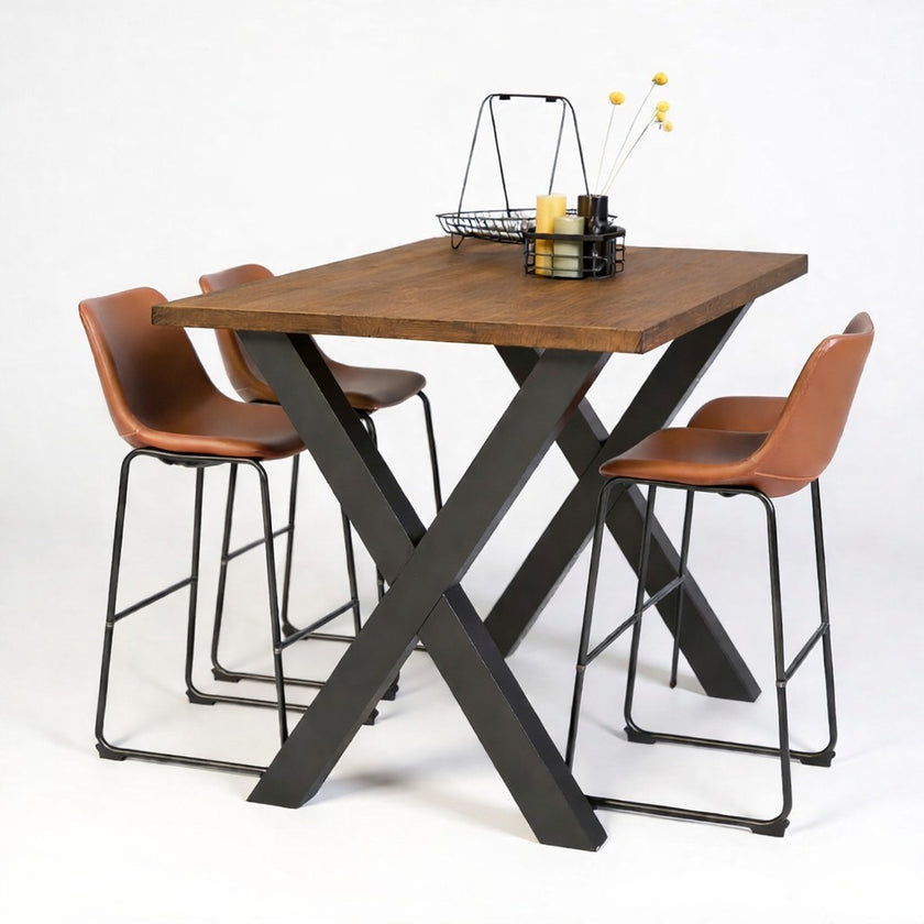 hoge bartafel san francisco met het blad afgewerkt met de kleur bruin. 3 barkrukken geplaatst aan tafel. 
