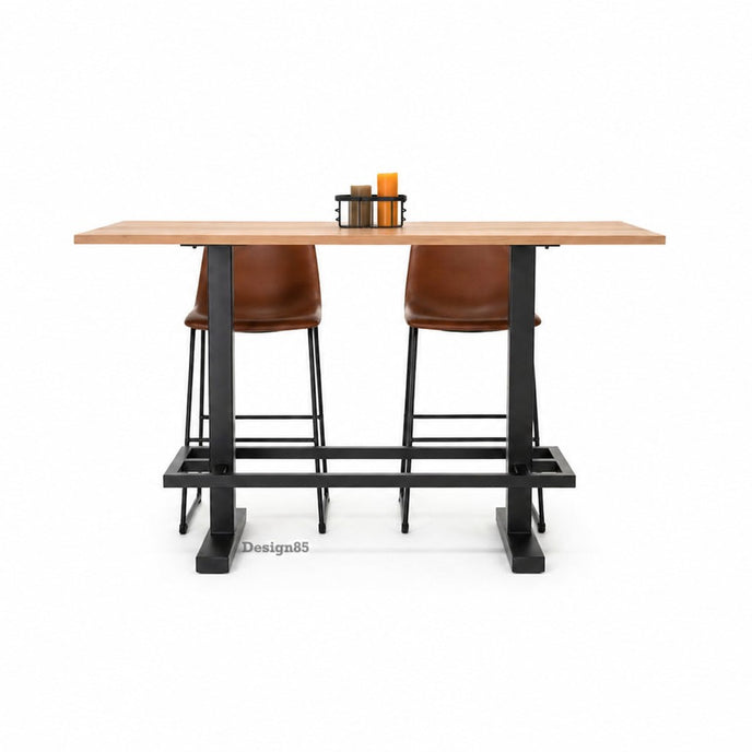 Horeca tafel deluxe met havanna houten blad en zwart metalen frame, stijlvolle industriële bartafel met barkrukken
