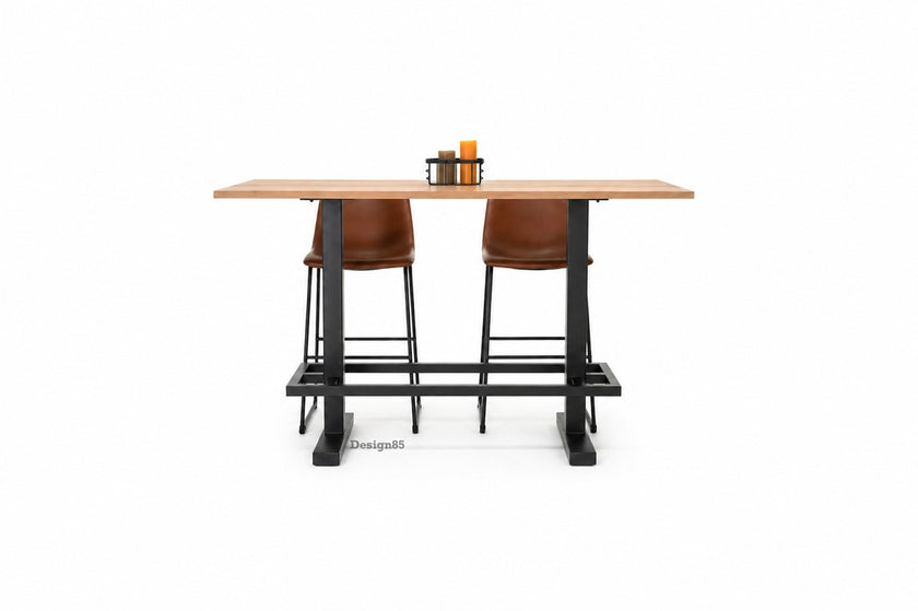 Horeca tafel deluxe met havanna houten blad en zwart metalen frame, stijlvolle industriële bartafel met barkrukken