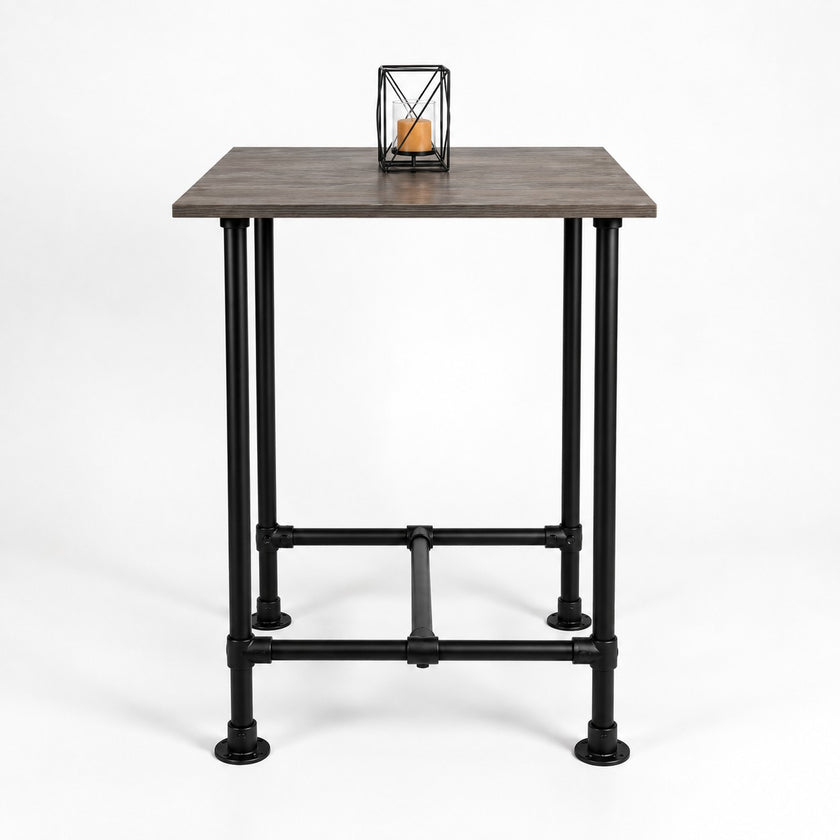 Horeca bartafel vierkant met bruin eiken tafelblad, industrieel zwart stalen onderstel en stevige voetsteun.