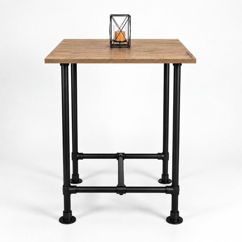 Horeca bartafel vierkant met robuust eiken tafelblad en zwart stalen buizenframe met geïntegreerde voetsteun