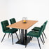 Horeca tafel dubbel met zwart metalen onderstel en Havana blad, inclusief groene velvet stoelen op witte achtergrond