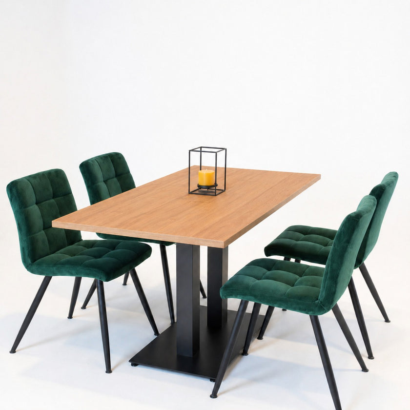 Horeca tafel dubbel met zwart metalen onderstel en Havana blad, inclusief groene velvet stoelen op witte achtergrond