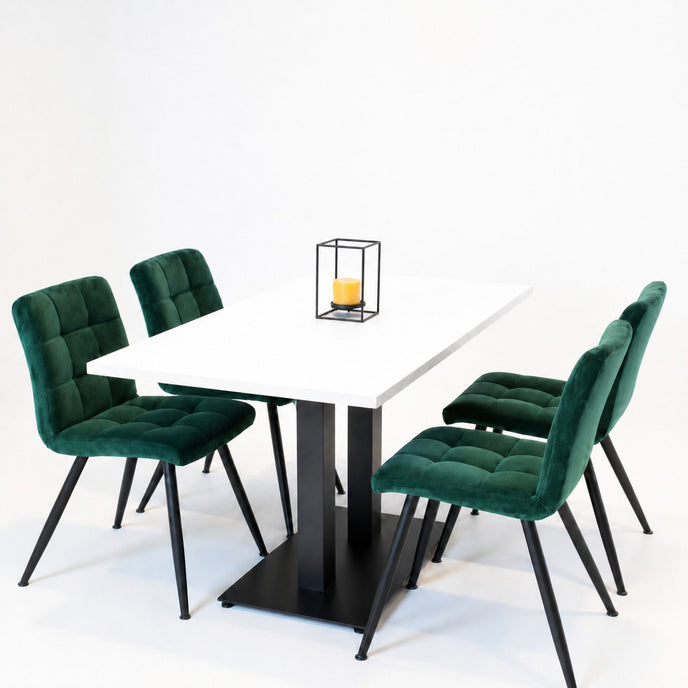 Horeca tafel dubbel met wit tafelblad en zwart metalen onderstel, minimalistische setting met groene eetkamerstoelen