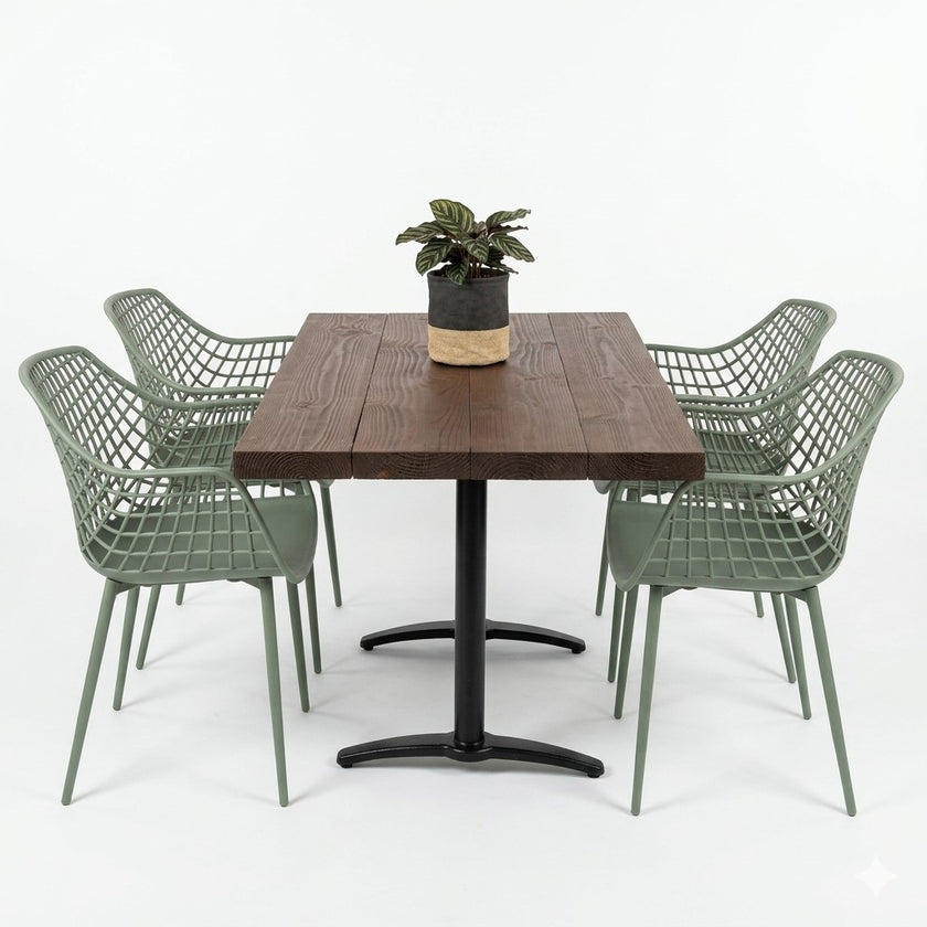 Industriële horeca tafel rechthoek met zwart metalen poot en donkerbruin houten blad, witte achtergrond