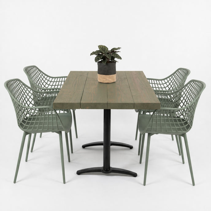 Horeca tafel rechthoek met stalen onderstel en grey wash houten blad, minimalistische witte achtergrond