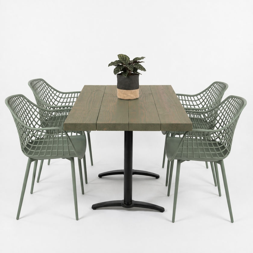 Horeca tafel rechthoek met stalen onderstel en grey wash houten blad, minimalistische witte achtergrond