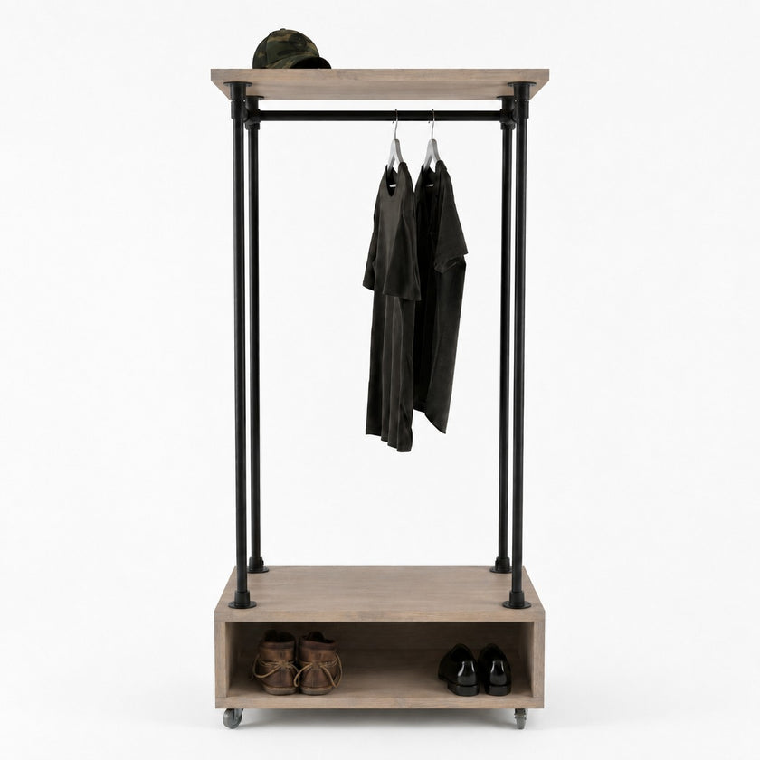 Modern kledingrek Comfort van hout en staal met bovenplank, kledingroede en open schoenenvak op witte achtergrond