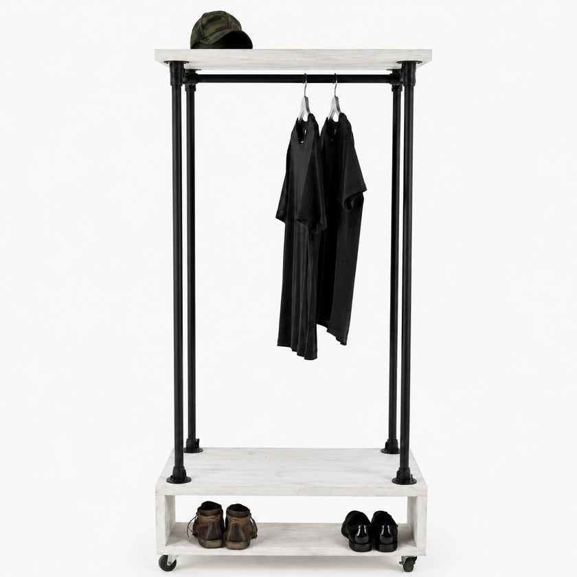 Stoer houten kledingrek Comfort met industrieel zwart frame, open onderkast en natuurlijke vurenhouten afwerking