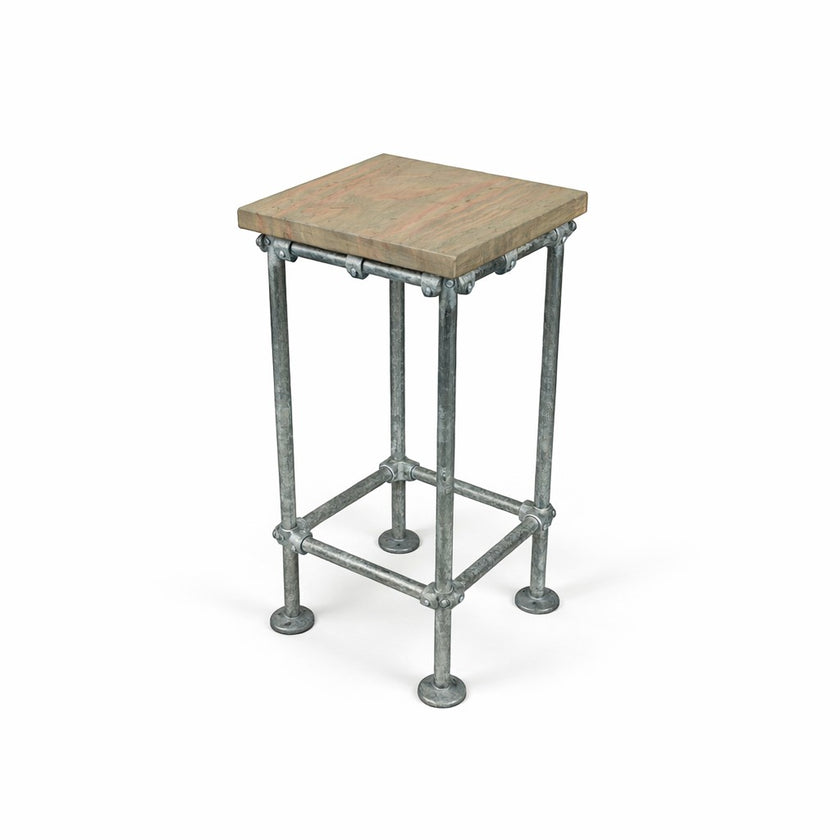 Stoere industriële barkruk met verzinkt stalen frame en natuurlijke houten zitting