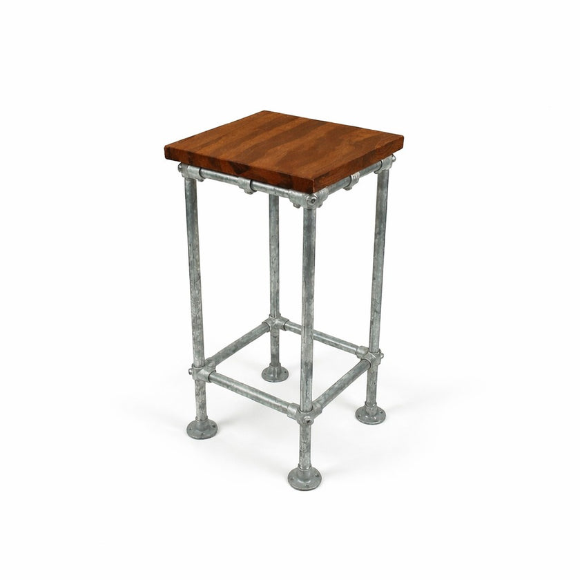 Industriële barkruk van steigerbuis met vierkante zitting van douglas hout