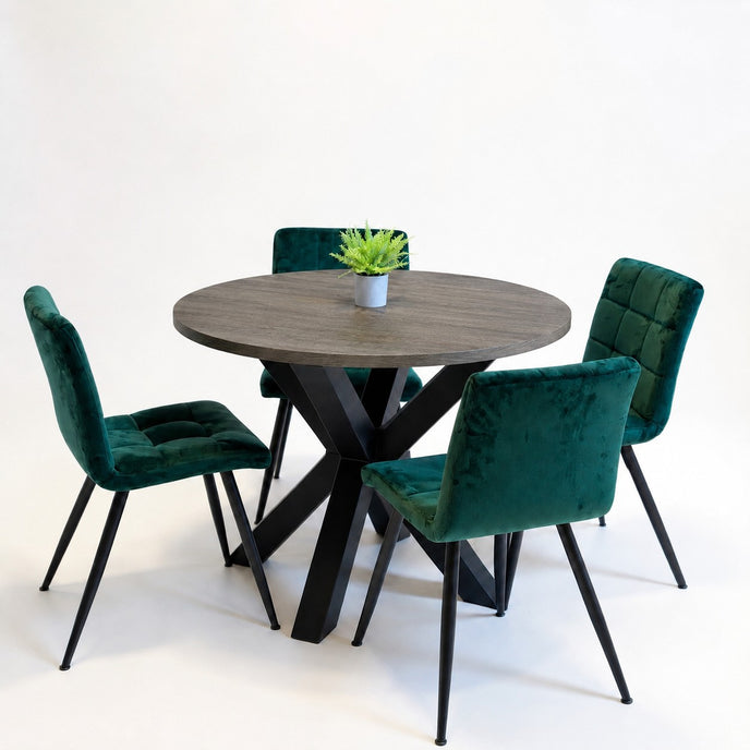 Ronde eiken eettafel industrieel design met robuust houten blad en zwart stalen kruispoot