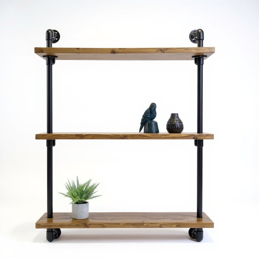 Open industriële kast Glasgow met houten planken en zwart metalen frame in moderne stijl