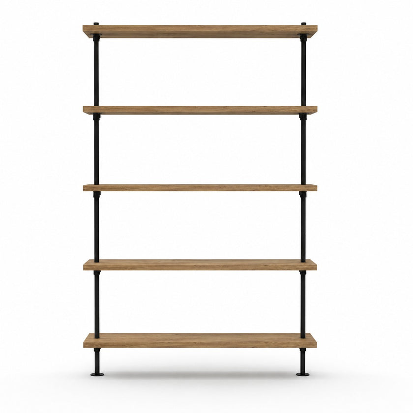 Industriële kast met bruine houten legplanken en zwart metalen frame