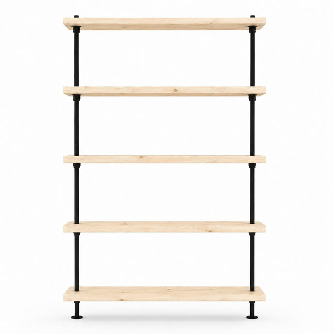 Industriële kast met onbehandeld houten legplanken en zwart metalen frame