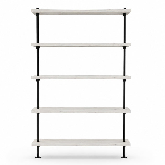 Industriële kast met legplanken van witte  vurenhout en zwart frame