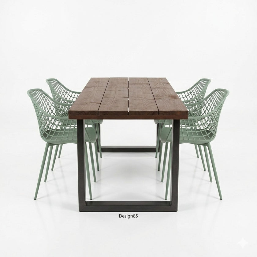 Industriële tuintafel met douglas houten blad en zwart stalen U-poot onderstel – Design85