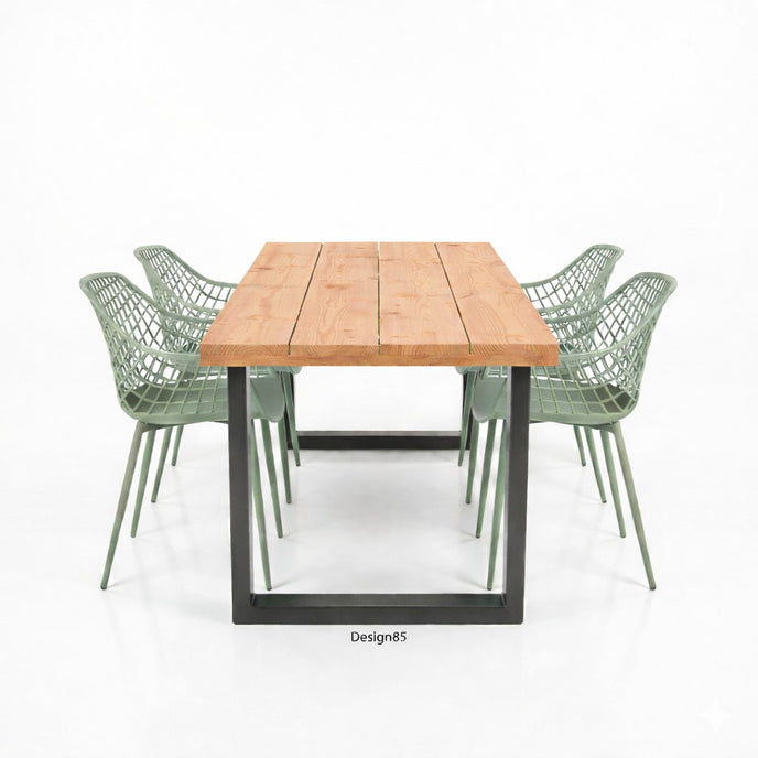 Design85 industriële tuintafel met massief douglas blad en zwart stalen frame