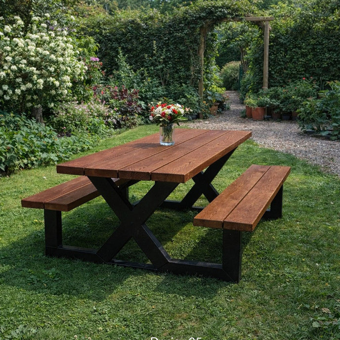 Industriële picknicktafel met houten blad, bijpassende banken en zwart stalen onderstel in een groene tuin.