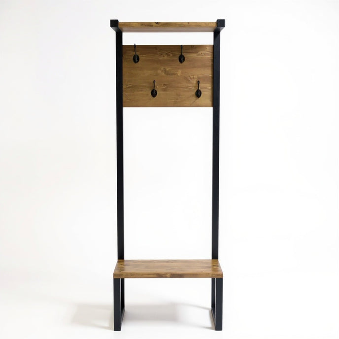Kapstok staand modern met houten zitbank en zwarte metalen details voor de hal