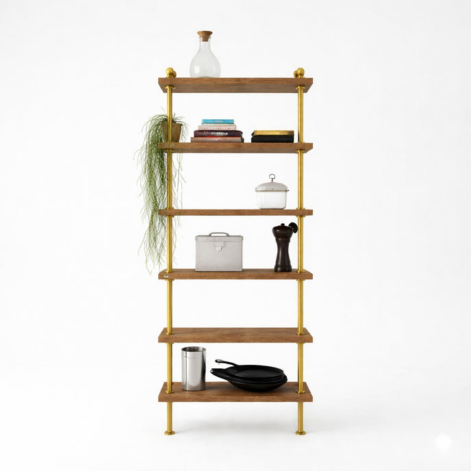 Modern industrieel kledingrek met legplanken en metalen buizen voor kleding en accessoires