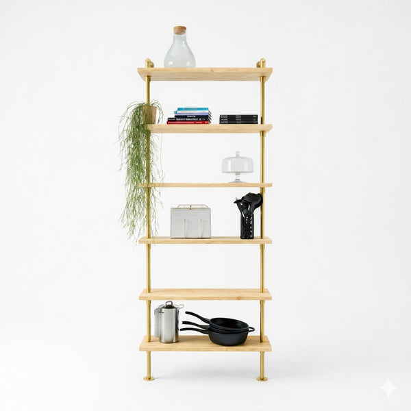 Kledingrek met houten planken en metalen buizen, geschikt voor hal of slaapkamer