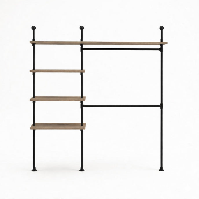 Kledingrek Muur stevig industrieel design met opbergrek en kledingstang in zwart staal en hout