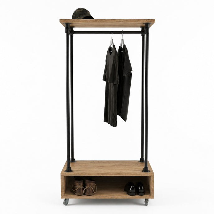 Kledingrek wielen Garderobe met bruin hout, zwarte steigerbuizen, kledingstang en schoenenrek op wielen.