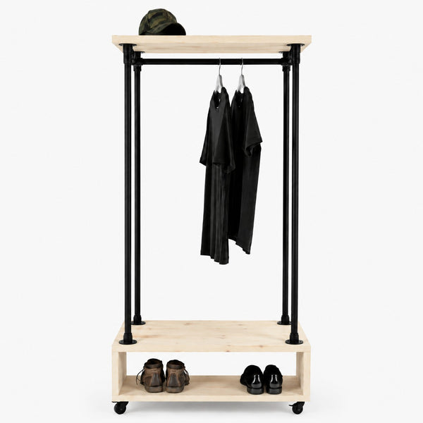 Kledingrek wielen Garderobe met onbehandeld hout, zwarte steigerbuizen, kledingstang en schoenenrek op wielen.
