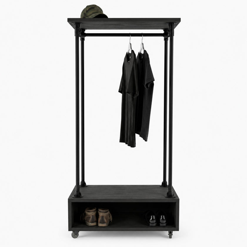 Kledingrek wielen Garderobe met zwart hout, zwarte steigerbuizen, kledingstang en schoenenrek op wielen.