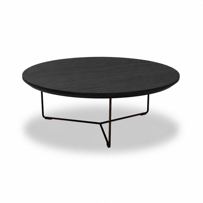 Ronde salontafel eiken met zwart eiken tafelblad en zwart metalen onderstel