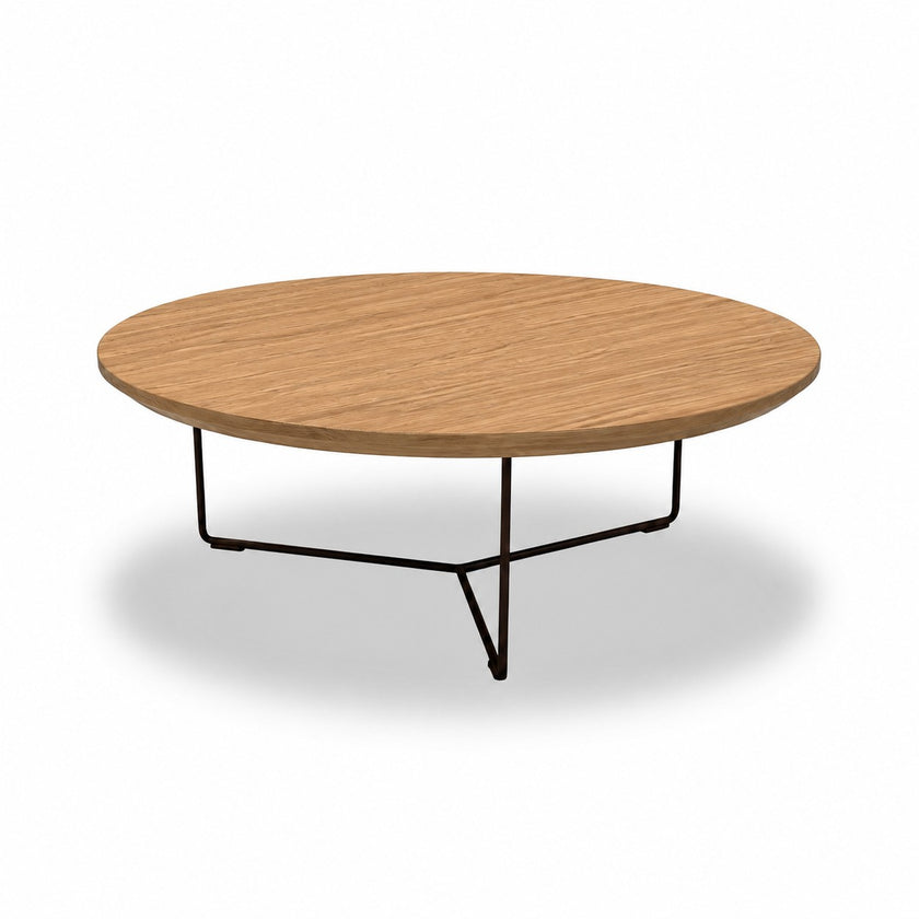 Ronde salontafel eiken met naturel eiken tafelblad en zwart metalen onderstel