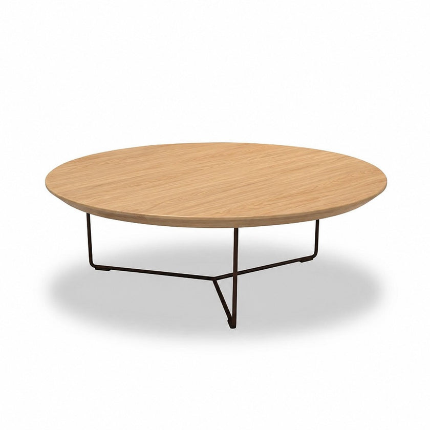 ronde salontafel eiken met transparant eiken tafelblad en zwart metalen onderstel