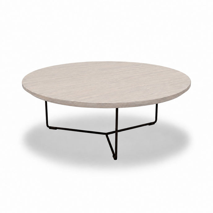 Ronde salontafel eiken met wit eiken tafelblad en zwart metalen onderstel